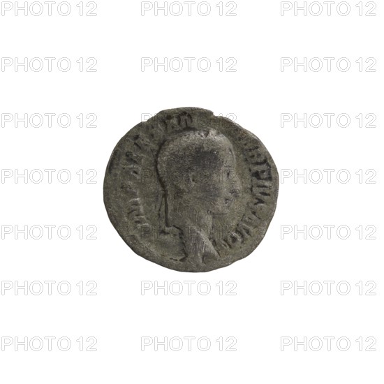 Denarius unofficial, Alexander Severus 208–235; Roman emperor 222–235 issuer; personifications, Virtus; Alexander Severus — iconography, 231–235?; Roman Empire 27 BC–476, Rome?; coin; diameter 17.5–18.0 mm; weight 1.78 g, A round dark gray metal coin with a worn profile of a person's head facing right in the center, surrounded by a raised rim and a few uneven markings around the edge; the coin surface shows textured wear and areas of lighter and darker gray.