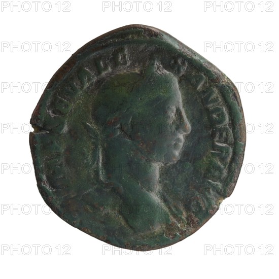 Sestertius; personifications; Alexander Severus Roman emperor; 222–235 — iconography: Annona personification; 231; Roman Empire; Rome; coin; diameter 30.0–32.5 mm; weight 19.91 g, A round, worn coin with a raised profile of a head facing right, showing facial features and a hint of hair or headwear; the surface is irregular and textured with areas of patina and corrosion. The coin displays a predominately green color with darker green and brown patches, and some lighter green highlights; edges are uneven and slightly chipped in places. The background behind the head is recessed, and there is a raised rim around much of the coin. The lighting emphasizes the relief and surface variations.