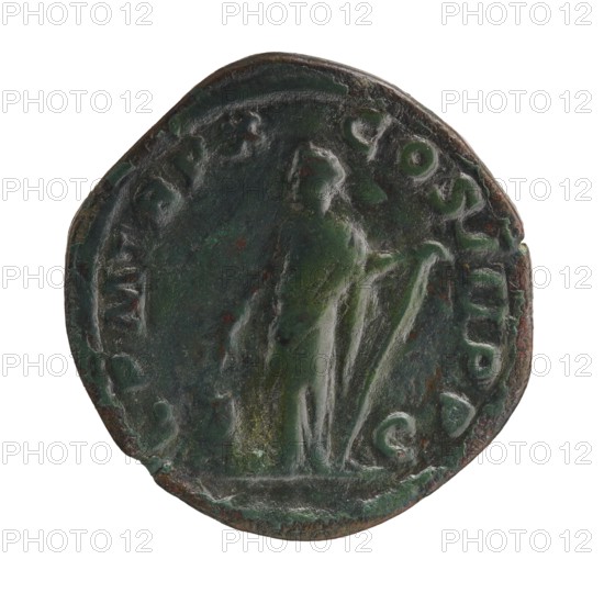 Sestertius; personifications; Alexander Severus Roman emperor, 222–235 – iconography: Annona personification; 231 CE; Roman Empire; Rome mint; coin; diameter 30.0–32.5 mm; weight 19.91 g, A circular metal object with a worn, uneven edge showing a dark green patina with areas of brown and faint black; the surface has a raised, worn relief of a standing human figure draped in a long garment, with a flowing shape beside them suggesting fabric or a long object, and a raised rim around the perimeter.
