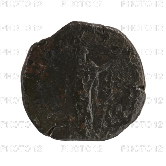 sestertius; Alexander Severus Roman emperor, 222–235 — obverse: portrait; reverse: iconography with personifications including Annona personification; dated 228–231; Roman Empire 27 BC–476, struck in Rome; coin; diameter 28.5–30.0 mm; weight 21.21 g, A roughly circular, worn object with an irregular edge, predominantly dark brown to black in color with patches of lighter brown and small areas of reddish-brown; its surface shows a textured, mottled pattern with lighter, almost whitish streaks and thin veins, and a few shallow chips and indentations along the rim.