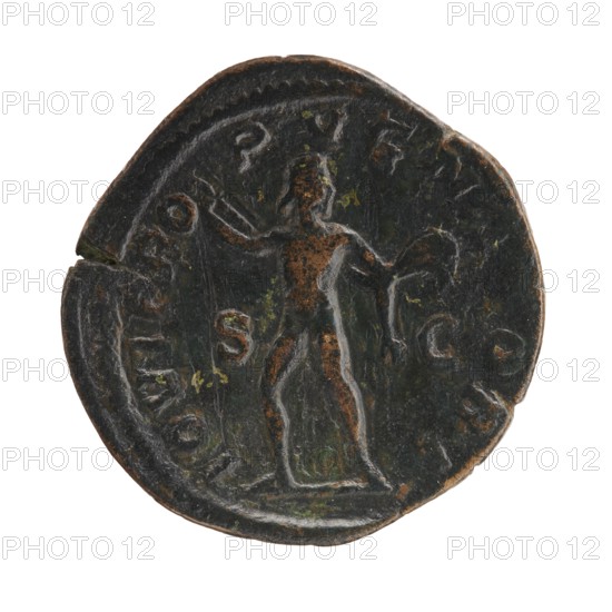 sestertius; Severus Alexander Roman emperor, ruled 222–235 CE; issuer: Severus Alexander; obverse: imperial titulature and portrait; reverse: Jupiter Roman deity iconography; date: 231–235 CE; place of minting: Rome, Roman Empire; medium: coin; diameter approx. 30–31 mm; weight 16.93 g, A round, dark metal coin with areas of brown and green patina showing a raised depiction of a standing human figure facing forward, with one arm extended and the other bent holding an object, the figure outlined in lighter worn edges against a darker background, and the coin edge irregular with a small nick.