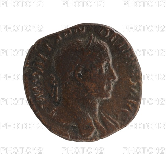 Sestertius of Severus Alexander Roman emperor, ruled 222–235 CE, issued 231–235 CE. Obverse: portrait of Severus Alexander iconography. Reverse: personification Providentia. Roman mint, Rome. Coin; bronze; diameter approx. 27.5–28.0 mm; weight 16.25 g., A round, worn coin with a raised profile of a person facing right, showing facial features and a short hairstyle; the coin surface is textured and pitted with areas of darker and lighter brown and some greenish-brown patina, and the edge is irregular and slightly uneven.