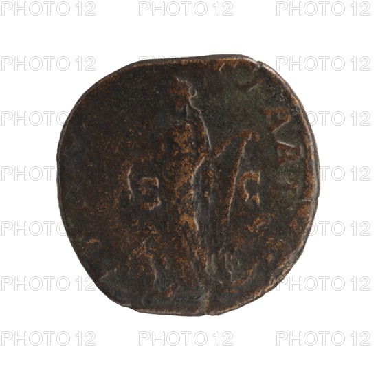 Sestertius of Severus Alexander Roman emperor 222–235, dated 231–235. Obverse: bust/iconography of Severus Alexander; Reverse: Providentia personification. Roman Empire; struck in Rome. Coin sestertius; diameter ~27.5–28.0 mm; weight 16.25 g., A round, worn metal object with an uneven edge, showing a textured surface in dark brown and black tones with areas of lighter brown and greenish patina; faint raised shapes and contours suggest worn designs across the face, and the overall appearance is aged and corroded.