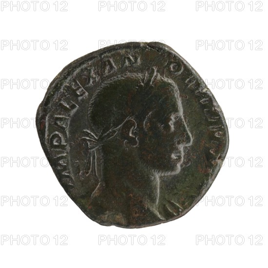 Sestertius of Severus Alexander Roman emperor, reign 222–235. Obverse: issuer/severus alexander titles and hierarchy indicated. Reverse: personifications; Providentia personification. Date: 231–235. Roman Empire, Rome mint. Coin; bronze sestertius; diameter ~28–29 mm; weight 16.01 g., A round, worn coin with a raised profile of a person facing right; the figure appears to have short hair and a tied cloth band at the back of the head. The coin's surface shows uneven texture and areas of wear with visible ridges around the edge. Colors visible include dark green, brown, and hints of black and rusty red.