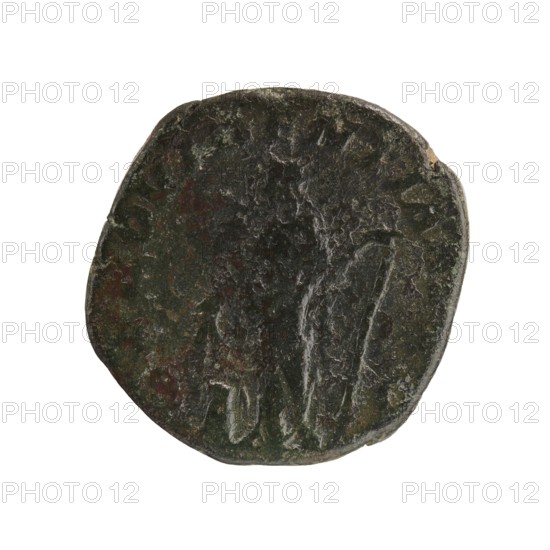 Sestertius of Severus Alexander reigned 222–235 CE. Obverse: bust/portrait of Severus Alexander Roman emperor 222–235. Reverse: personification Providentia. Date: 231–235 CE. Roman Empire; minted in Rome. Coin type: sestertius; material: coin. Diameter ca. 28–29 mm; weight 16.01 g., A round, irregularly shaped coin-like object with a rough, worn surface in dark green and brown tones, showing patches of lighter green and subtle reddish-brown areas; the surface has visible textured lines and shallow grooves, with a few raised and indented areas around the edges and central region.