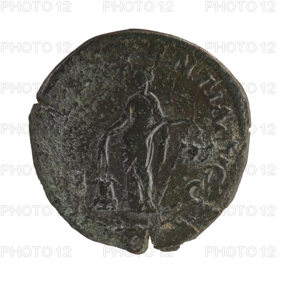 Sestertius of Severus Alexander Roman emperor, ruled 222–235 CE, obverse/personifications/iconography: Severus Alexander; reverse: Providentia personification. Date: 231–235 CE. Roman Empire place of production: Rome. Coin. Diameter: 27.5–30.0 mm. Weight: 15.35 g., A round, weathered coin with a dark greenish-brown patina showing a faint raised outline of a human figure standing and draped in cloth; the surface has rough, pitted texture and areas of lighter green corrosion and darker brown metal, with irregular edges and a small notch at the rim.