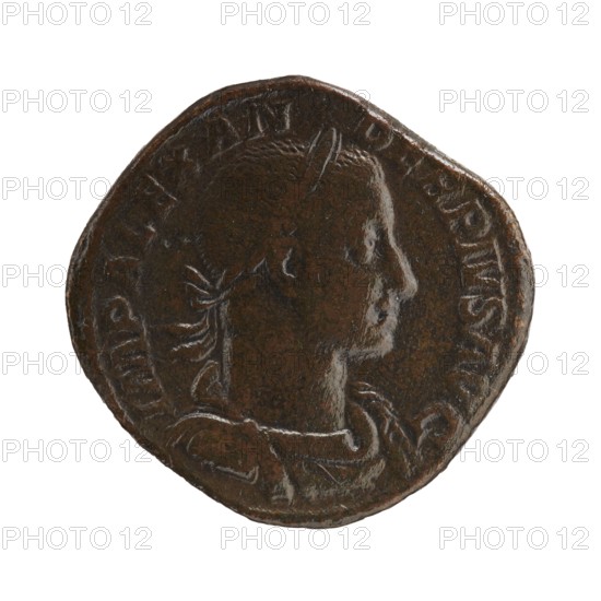 Sestertius; Roman deities; Sol mythology; Alexander Severus Roman emperor, 222–235 — iconography; 231 CE; Roman Empire 27 BCE–476 CE; minted in Rome; coin; diameter 27.5–30.0 mm; weight 18.15 g, A round, irregularly edged copper-brown coin with darker and lighter brown patina showing a raised profile of a person facing right; the portrait has detailed hair and a visible neck and shoulder drapery, with a rim of raised decoration around the edge; overall colors visible include various shades of brown and hints of dark bronze.