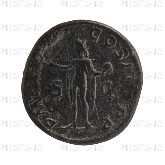 sestertius; Roman deities; Alexander Severus Roman emperor, 222–235; iconography: Sol mythology; dated 231; Roman Empire 27 BC–476; Rome mint; coin; diameter 29.0–30.0 mm; weight 20.11 g, A round dark coin with a worn surface showing a raised figure standing in the center, the figure appears to be facing away with arms extended and draped clothing; the coin surface shows lighter worn highlights against a predominantly dark brown to black patina, with areas of grayish wear and a few slightly greenish spots around the edge.