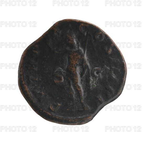 Sestertius depicting Sol mythology; Alexander Severus Roman emperor, 222–235 — iconography of Roman deities; dated 231; Roman Empire 27 BC–476, Rome; coin, diameter 27.0–29.0 mm, weight 15.12 g, A round, worn coin with an uneven edge shown against a white background, primarily dark brown to black in color with patches of lighter brown around the rim and on raised areas; the surface shows a vertical raised line near the center and several shallow, irregular depressions and marks, with subtle hints of green patina in a few spots.
