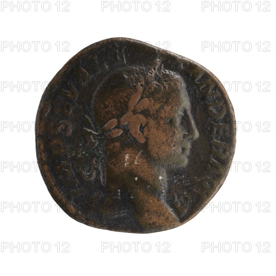 Sestertius; Roman deities; Victoria mythology; Alexander Severus Roman emperor, 222–235 — iconography; 231 CE; Roman Empire 27 BC–476 — Rome mint; coin; diameter 27.5–29.0 mm; weight 16.45 g, A circular coin with a worn raised profile of a person's head facing right, showing a laurel wreath or similar headpiece, with visible texture and pitting on the surface; the coin's colors include dark brown, rusty orange, and patches of greenish patina, set against a plain white background.