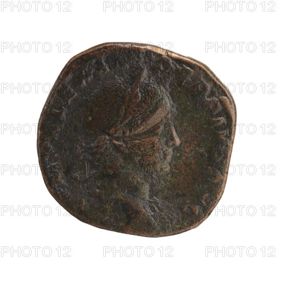Sestertius; Roman deities; Victoria mythology; Alexander Severus Roman emperor, 222–235 — iconography; 231 CE; Roman Empire 27 BC–476 — Rome; coin; diameter 27.0 mm and 29.0 mm; weight 20.97 g, A worn circular object with an irregular edge showing a raised profile of a person's head in relief, facing right; the surface has a textured, pitted appearance with areas of darker patina and mottled greenish and brownish tones, with some subtle reddish-brown highlights along the rim and raised details.