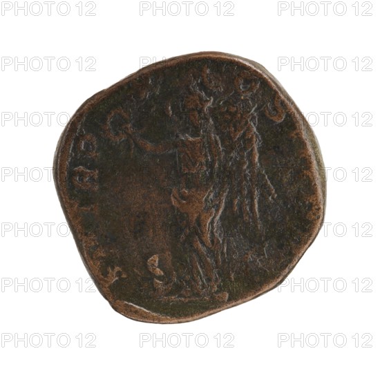 Sestertius; Roman deities; Victoria; Alexander Severus Roman emperor, 222–235 — iconography; 231 CE; Roman Empire 27 BC–476; Rome mint; coin; diameter 27.0 mm; diameter 29.0 mm; weight 20.97 g, A round, irregularly edged coin with a worn surface showing a raised figure in profile standing and draped in robes, with faint raised decorative elements around the figure; the coin displays a mottled mix of dark brown and coppery brown tones with areas of darker greenish-brown patina.