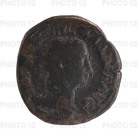 Sestertius; obverse likely Alexander Severus Roman emperor, 222–235; reverse: Victoria mythological figure; iconography of Roman deities; dated 228–231; Roman Empire 27 BC–476, Rome mint; coin; diameter 29.5–30.5 mm; weight 16.48 g., A round, worn metal object with a dark brown and black surface showing areas of lighter brown and reddish-brown patina; the object has an uneven, slightly irregular edge with a small chipped section, and a raised, smoother central area with faint, shallow contours suggesting a profile shape; the surface displays a mottled texture with patches of corrosion and subtle highlights.