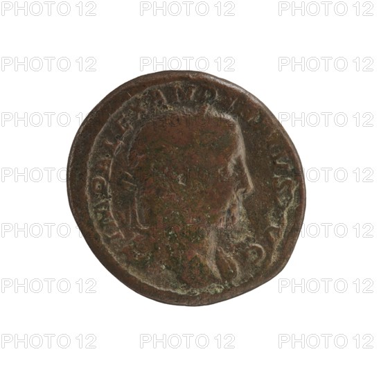 Alexander Severus 208–235; Roman emperor 222–235 issuer; Jupiter mythology; Roman deities; Alexander Severus — iconography, 231–235; Roman Empire 27 BC–476; Rome; coin; diameter 25.0 mm–26.0 mm; weight 8.98 g, A round metal coin with a worn raised profile of a person's head facing right, showing facial features and a short beard; the coin surface is uneven with patina and corrosion. The visible colors include brown, dark brown, greenish spots, and traces of reddish-brown. The coin edge is slightly irregular and the relief around the portrait is smoother and more worn than the surrounding rim.
