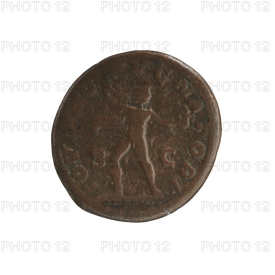 Alexander Severus 208–235; Roman emperor 222–235, issuer; Jupiter mythology; Roman deities. Iconography of Alexander Severus Roman emperor; 222–235, dated 231–235. Roman Empire 27 BC–476, Rome. Coin; diameter 25.0–26.0 mm; weight 8.98 g., A round, worn object with a brown, tarnished surface showing a faint raised outline of a standing human figure with arms extended; the object has irregular edges and areas of darker and lighter brown patina with small greenish spots and a few pale fibers resting on its surface.