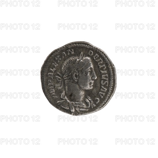 Denarius, Alexander Severus 208–235; Roman emperor 222–235. Obverse: portrait of Alexander Severus issuer, ruler. Reverse: Roman deities, Mars mythology iconography. Date: 231–235. Place of origin: Rome, Roman Empire 27 BC–476. Materials/format: coin; diameter ~19.0–20.0 mm; weight 3.17 g., A circular metallic coin with a worn silver-gray surface showing an embossed profile of a person facing right with short hair and a band around the head, a neckline and draped clothing visible below the chin, surrounded by raised decorative edging and faint raised marks around the rim; colors visible include silver-gray, dark gray, and subtle darker brownish-gray areas.