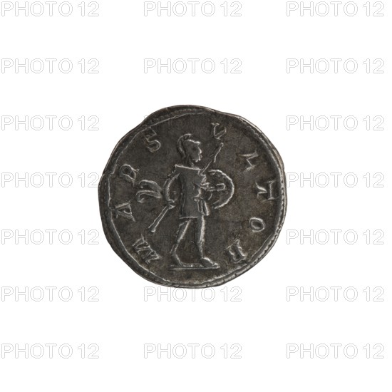denarius, Alexander Severus 208–235; Roman emperor 222–235, issuer; Roman deities; Alexander Severus — iconography; Mars mythology; dated 231–235; Roman Empire 27 BC–476, Rome — mint; coin; diameter 19.0 mm–20.0 mm; weight 3.17 g, A round metallic coin with a dark gray patina showing a raised profile of a standing human figure holding a long staff and a circular shield, surrounded by a raised border and a ring of raised characters; the surface shows lighter gray highlights on the raised areas and darker gray in the recessed areas, with a few irregularities along the coin edge.