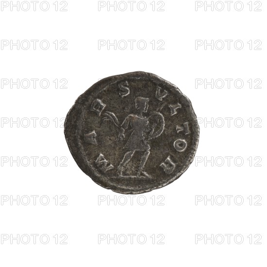 Denarius of Alexander Severus reigned 222–235 CE, obverse likely depicts the emperor; reverse features the Roman deity Mars. Roman Imperial coin, struck in Rome 231–235 CE. Materials and measurements: coin; diameters 17.5 mm and 20.0 mm; weight 2.66 g. Icons/inscriptions reference Alexander Severus titles and imperial titulature., A circular dark metallic coin with a raised rim showing a worn central relief of a standing human figure holding a round shield and an object in the other hand, the surface appearing textured and aged with lighter highlights on raised areas and darker brownish-gray and black tones across the coin.