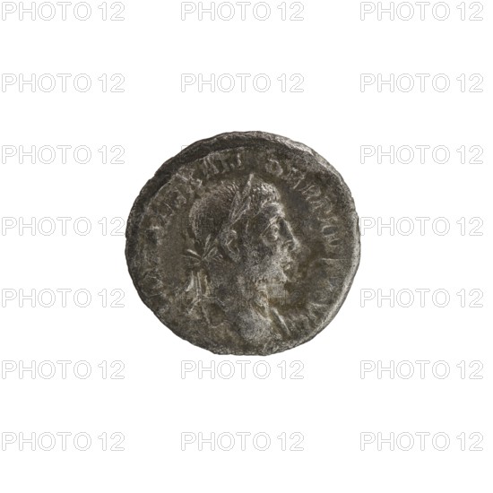 Denarius of Alexander Severus Roman emperor 222–235 CE. Obverse: bust of Alexander Severus; Reverse: personification Providentia. Minted Rome, 231–235 CE. Silver coin, diameter ~18–19 mm, weight 2.71 g., A round worn coin with a raised profile of a person facing right, showing facial features and short hair with a laurel-like headband, rendered in metallic gray and dark gray tones with areas of lighter gray wear and some brownish discoloration around the edges.
