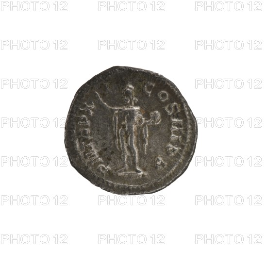 Denarius, Alexander Severus 208–235; Roman emperor 222–235. Obverse attributes: issuer Alexander Severus titles/hierarchy of power. Reverse: Sol Roman deity — iconography. Date: 232. Place of origin: Rome, Roman Empire 27 BC–476. Medium/format: coin; diameter 19.0–20.0 mm; weight 3.34 g., A round, worn coin with a dark gray to brown patina showing a raised depiction of a standing human figure in the center, the figure facing forward with one arm extended and the other bent, standing on a slightly raised base; the coin edge is irregular and shows signs of wear and surface texture; overall colors visible include dark gray, brown, and lighter gray highlights on raised areas.