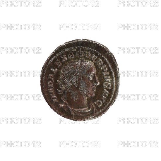 Denarius subaerate, Alexander Severus 208–235; Roman emperor 222–235, issuer Alexander Severus; personifications: Spes; iconography Alexander Severus, 231–235; Roman Empire 27 BC–476, Rome mint?; coin; diameter 19.5–20.0 mm; weight 3.29 g, A round metallic object with a worn, textured surface showing a profile relief of a man's head facing right, featuring short hair, a beard, and a tied section at the back; the relief is surrounded by a raised rim with decorative markings; visible colors include brown, dark brown, greenish patina, and hints of reddish tones; the background is plain white.