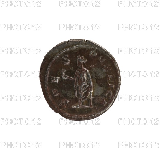 Denarius subaerate, Alexander Severus 208–235; Roman emperor 222–235, issuer Alexander Severus; personifications: Spes; iconography: Alexander Severus Roman emperor; 222–235 — 231–235; Roman Empire, Rome mint?; coin; diameter 19.5–20.0 mm; weight 3.29 g, A round metal coin with a worn, uneven edge showing a dark brown patina and areas of lighter brown and greenish discoloration, featuring a raised central figure of a standing person draped in cloth holding an object in one hand and another small object in the other, with a raised circular border and a few faint decorative marks around the figure.