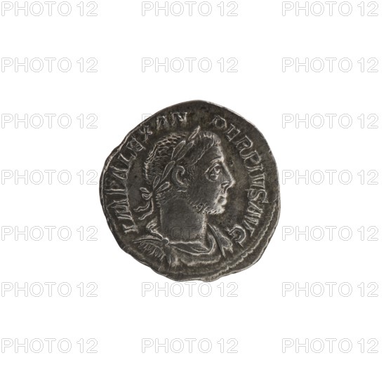 Denarius, Alexander Severus 208–235; Roman emperor 222–235. Obverse: Alexander Severus ruler — inscriptions/titles. Reverse: personification Spes. Roman Empire, Rome. Coin; diameter 18.5–19.0 mm; weight 2.91 g., A circular metallic coin with a worn surface showing a raised profile of a person facing right wearing a laurel wreath and a draped garment; the coin appears silver-gray with darker patina in recessed areas and lighter highlights on raised features, and there is a ring of raised edge detail around the perimeter.