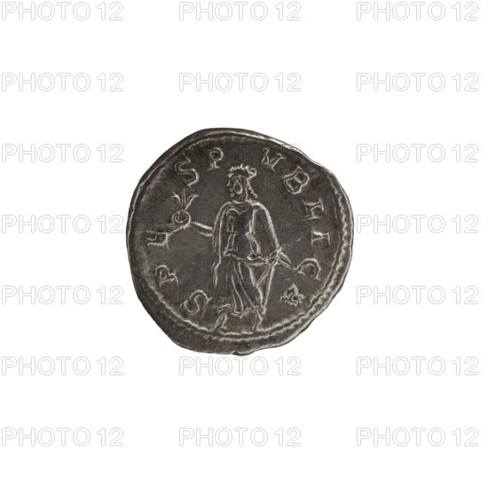 Denarius, Alexander Severus 208–235; Roman emperor 222–235. Obverse: radiate, draped, cuirassed bust of Alexander Severus; legends with imperial titles. Reverse: personification Spes standing, holding a flower and raising a hand. Iconography dated 231–235. Roman Empire, Rome mint. Coin; diameter 18.5–19.0 mm; weight 2.91 g., A round metallic coin with a worn dark gray and silver surface showing a raised edge and a central embossed figure of a standing person wearing draped clothing and a headpiece, holding an object in each hand; the coin's surface shows scratches, dents, and varied patina with darker gray in recessed areas and lighter silver on raised details, and the background around the coin is white.