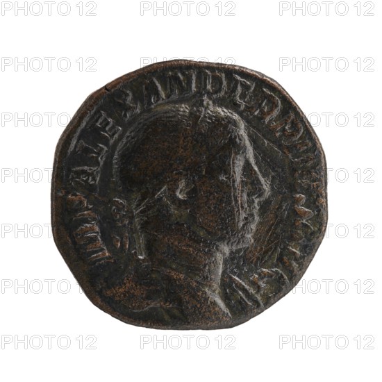 Sestertius of Severus Alexander Roman emperor 222–235, issuer: Severus Alexander. Obverse/iconography: personifications; depiction of Severus Alexander. Reverse/iconography: Providentia personification. Date: 231–235. Place: Rome, Roman Empire 27 BC–476. Coin, diameter 28.5–29.0 mm, weight 20.11 g., A round, worn coin with a raised profile of a head facing to the right, showing textured details of hair and facial features; the coin surface is uneven and patinated with areas of darker brown and black and spots of reddish-brown; a raised rim encircles the profile and there are faint raised markings along the rim; the background around the coin is white.
