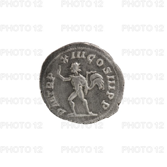 Denarius of Alexander Severus reigned 222–235 CE. Obverse: bust of Emperor Alexander Severus; reverse: Roman deity Sol. Roman Empire, Rome; dated 234 CE. Bronze/metal coin, diameter ~20.5–22.0 mm, weight 2.48 g., A round grey metal coin with a raised rim showing a standing human figure in profile holding an object behind them, with a curved border of raised shapes around the figure; the coin surface shows wear and uneven edges and the visible colors are shades of grey with darker and lighter grey highlights.
