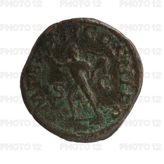 sestertius, Severus Alexander 208–235; Roman emperor 222–235 issuer; Roman deities, Sol mythology; Severus Alexander — iconography; 233; Roman Empire 27 BC–476, Rome; coin; diameter 28.0 mm; diameter 30.5 mm; weight 21.33 g, A round, worn metal coin with a rough, pitted surface showing areas of green and brown patina; the coin displays a central raised relief of a standing human figure with outstretched arms and legs, surrounded by a faint raised border and several irregular raised marks along the edge; the overall tones include dark brown, verdigris green, and hints of lighter brown where the metal is exposed.