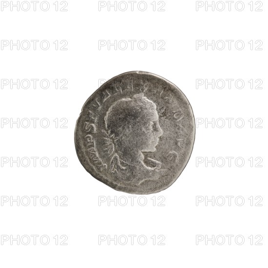 Denarius of Alexander Severus Roman emperor 222–235. Obverse: portrait of Alexander Severus with imperial titles; Reverse: Victoria winged Victory and Roman deities iconography. Date: 222–235 CE; Place of origin: Antioch on the Orontes. Medium: coin; Diameter: 18.5–19.0 mm; Weight: 1.98 g., A round metallic object with a worn surface showing a raised profile of a person's head in side view, surrounded by faint raised strokes along the edge; the object appears silver-gray with darker gray patina in recessed areas and lighter gray on raised surfaces, set against a white background.