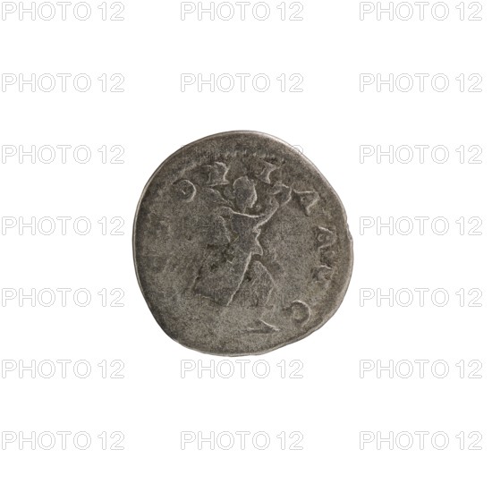 Denarius of Alexander Severus 208–235; Roman emperor 222–235. Obverse: portrait of Alexander Severus issuer. Reverse: Victoria. Iconography: Roman deities; Victoria. Date: 222–235 CE. Place of origin: Antioch on the Orontes, Roman Empire. Type: coin denarius. Materials/measurements: diameter 18.5–19.0 mm; weight 1.98 g., A round, worn coin with a grayish metallic surface showing irregular edges and textured wear; the coin displays a faint, raised relief of a standing human figure and a few surrounding raised shapes; visible colors include shades of gray, dark gray, and a bit of brownish patina on the metal.