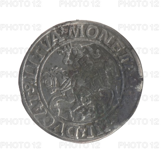 Lithuanian half-grosz, Sigismund II Augustus King of Poland; 1544–1572. Obverse: Polish eagle; in the rim between pearly borders the inscription: .SIGIS.AVG.REX.PO.MAGDVX.LI. Reverse: Lithuanian Pogon; below the year 1548; in the rim between pearly borders the inscription: .MONETA.MAGNI.DVCAT9.LITVA. 1548. Grand Duchy of Lithuania; Vilnius mint. Coin., A round metallic coin with a worn, embossed design showing a central raised motif and a surrounding raised border; the surface appears aged with uneven texture and some scratches. The coin displays a range of colors including dark gray, silver, and hints of brown and greenish patina. The embossed areas catch light and appear slightly shinier, while recessed areas look darker. The rim is slightly irregular and the overall appearance is of an old, tarnished metal object.