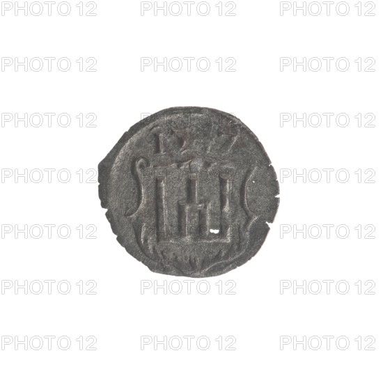 Lithuanian obol, Sigismund II Augustus King of Poland; 1544–1572. Jagiellon dynasty. Polish coin. Obverse: in the border under the ducal mitre a tied monogram composed of the letters SA. Reverse: in the border a shield with the Columns of Gediminas coat of arms; above the shield the year 1547. Grand Duchy of Lithuania, Vilnius. Coin., A round, worn coin with a dark gray surface and slightly irregular edges showing a few small notches, centered on a white background; the coin bears a raised central design that includes vertical and curved elements and a few shallow indentations, with subtle variations in gray tones across its textured surface.