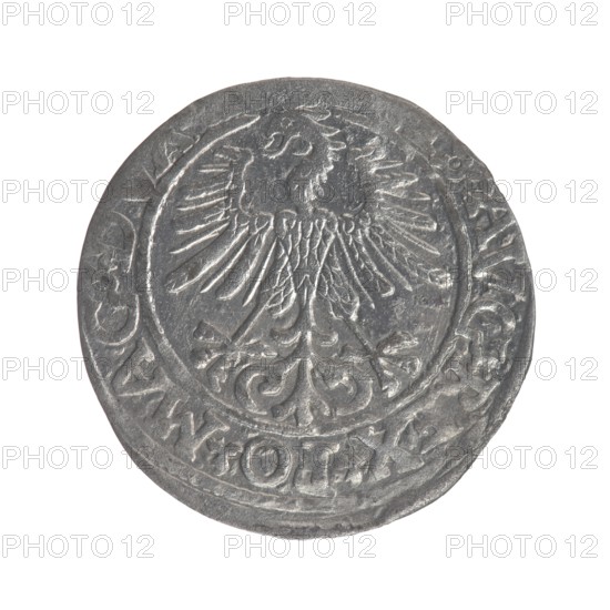 Lithuanian half-grosz, Sigismund II Augustus King of Poland; 1544–1572; obverse: Polish Eagle, in rim between pearly borders inscription: ...IS.AVG.REX.PO.MAG.DVX ..; reverse: Lithuanian Pogon, below the year 1651 date error, 1561?, in rim between pearly borders inscription: MO.... ..GNI.DVCAT9.LITV; coats of arms: Jagiellons, eagles, Pogon; mint: Vilnius, Grand Duchy of Lithuania, Poland; coin., A circular metallic object with a worn surface showing a raised heraldic bird with outstretched wings at the center, surrounded by an ornate circular border and decorative flourishes, all in shades of gray and silver.