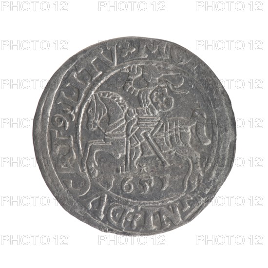 Lithuanian half-grosz, Sigismund II Augustus King of Poland; 1544–1572. Obverse: Polish Eagle; in the rim between pearly borders the inscription: ...IS.AVG.REX.PO.MAG.DVX ... Reverse: Lithuanian Pogon; below the year 1651 date error, 1561?; in the rim between pearly borders the inscription: MO.... ..GNI.DVCAT9.LITV. Coats of arms of the Jagiellons dynasty; eagles. Grand Duchy of Lithuania, Vilnius mint. Coin., A round metallic object with a weathered gray surface showing a raised circular border and an embossed central scene of a mounted figure on a horse; the figure appears to wear armor and holds an object aloft while the horse is depicted in profile with visible tack and a raised leg; the coin's edge shows a decorative band with repeated raised shapes; overall colors visible are shades of gray with subtle darker and lighter gray variations across the surface.
