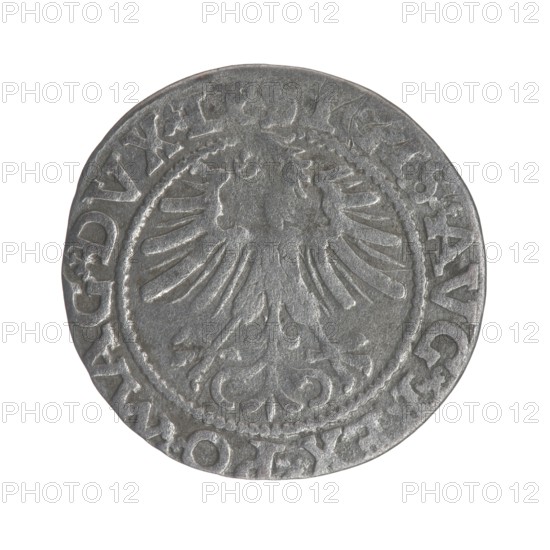 Lithuanian half-grosz, Sigismund II Augustus King of Poland; 1544–1572 author, Tarlo, Gabriel ca. 1486–1565 co-creator, mint manager; silver coin half-grosz, 1562. Obverse: Polish Eagle; in rim between pearly borders inscription: .IGIS.AVG.REX.PO.MAG.DVX.LI. Reverse: Lithuanian Pogon mounted knight; below year 1562; in rim between pearly borders inscription divided by the Axe coat of arms: .MONETA...NI - DVCAT.LITV. Features coats of arms of the Jagiellon dynasty; motif includes eagles and Pogon Lithuanian coat of arms. Minted in Vilnius, Grand Duchy of Lithuania., A round metallic object with a weathered silver-gray surface, showing a raised design of a stylized bird with outstretched wings in the center, surrounded by a decorative circular border and a ring of raised markings along the edge; the metal shows varied tones of gray with some darker areas and subtle highlights.
