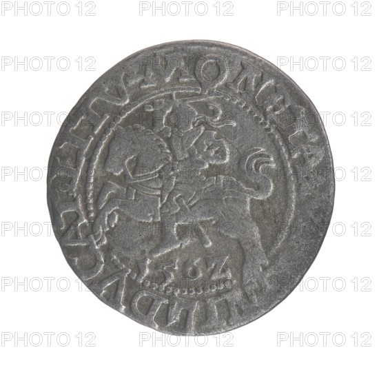 Lithuanian half-grosz, Sigismund II Augustus King of Poland; 1544–1572 author, Tarlo, Gabriel ca. 1486–1565 co-creator/mint manager; silver coin half-grosz, 1562. Obverse: Polish eagle; rim between pearly borders inscription: .IGIS.AVG.REX.PO.MAG.DVX.LI. Reverse: Lithuanian Pogon horseman, below year 1562; rim between pearly borders inscription divided by the Axe coat of arms: .MONETA ...NI - DVCAT.LITV. Heraldic motifs: Jagiellon coats of arms, eagle, Pogon. Minted in Vilnius, Grand Duchy of Lithuania., A round metallic object with a worn silver-gray surface showing a raised central design of a mounted rider and horse within a beaded circular border, surrounded by a raised rim and decorative raised elements around the edge; overall colors visible are shades of gray and silver with subtle darker gray areas from wear.