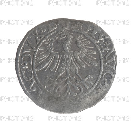 Lithuanian half-grosz, Sigismund II Augustus King of Poland; 1544–1572. Obverse: Polish Eagle; in the rim between pearly borders the inscription:, .IGIS.AVG ... .. .AG.DVX.L. Reverse: Lithuanian Pogon; below the year 1562; in the rim between pearly borders the inscription: .MONETA ..... DVCAT9.LITVA. Coats of arms: Jagiellons dynasty; motifs: eagles and Pogon. Minted in Vilnius, Grand Duchy of Lithuania; Poland; coin; 1562., A round metallic object with a worn surface and a raised central design depicting a stylized bird with spread wings and detailed feather patterns, surrounded by a circular border and a ring of raised decorative elements near the edge; the object shows irregular, slightly uneven edges and surface wear with visible grooves and shallow indentations. The visible colors are shades of gray and silver.