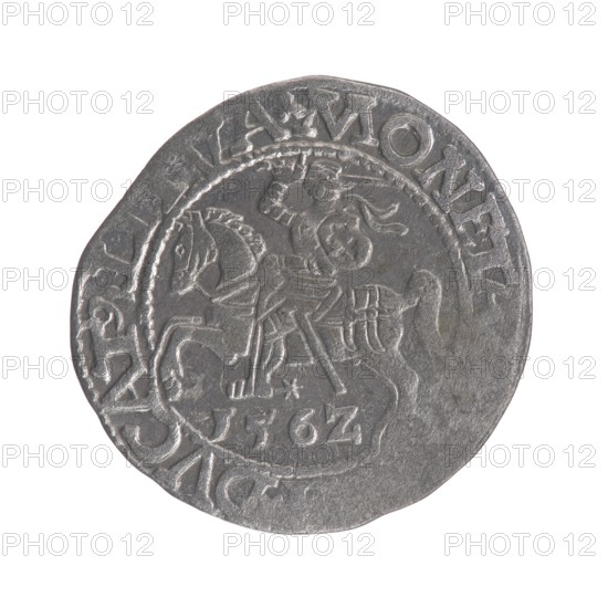 Lithuanian half-grosz, Sigismund II Augustus King of Poland; 1544–1572. Obverse: Polish Eagle; in the rim between pearly borders the inscription: .IGIS.AVG... .. .AG.DVX.L. Reverse: Lithuanian Pogon; below the year 1562; in the rim between pearly borders the inscription: .MONETA....DVCAT9.LITVA. 1562. Vilnius mint, Grand Duchy of Lithuania. Coin., A single round metallic object with a worn surface is shown against a plain white background; the metal appears silver-gray with darker gray areas in the recesses and lighter gray highlights on raised portions. The object has an embossed circular border around a central scene that depicts a mounted figure on a horse; the horse and rider are rendered in raised relief with visible tack and clothing details. The surface shows irregularities and slight indentations around the edge, and there is a ring of decorative raised elements along the perimeter. Overall colors visible are silver-gray, dark gray, and light gray.