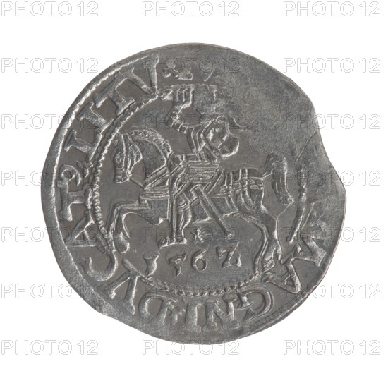 Lithuanian half-grosz, Sigismund II Augustus King of Poland; 1544–1572; coats of arms, Jagiellons dynasty; Polish coins; eagles; Eagle coat of arms; Pogon coat of arms; Lithuania. Obv.: Polish Eagle; in the rim between pearly borders the inscription: . IGIS.AVG ... PO.MAG.DVX .. Rev.: Lithuanian Pogon; below the year 156Z; in the rim between pearly borders the inscription:, ...... MAGNI.DVCAT9.LITV, 1562; Vilnius, Grand Duchy of Lithuania; coin., A circular metallic object with a worn, irregular edge showing a raised design of a mounted figure riding a horse, both rendered in incised lines and worn relief; the rider appears to hold an object above their head while the horse is depicted in profile with visible tack and legs, and decorative border elements surround the central scene; the surface shows texture variations, scratches, and areas of wear with a metallic grey color and subtle darker and lighter grey tones.