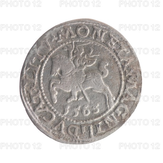 Lithuanian half-grosz, Sigismund II Augustus King of Poland; 1544–1572 author, Tarlo, Gabriel ca. 1486–1565 co-creator; mint manager; Polish coins; coats of arms: Jagiellons, Eagle Poland, Pogon Lithuania. Obv.: Polish eagle; rim between pearl-shaped borders inscription: .SIGIS.AVG.REX.PO.MAG.DVX.LI. Rev.: Lithuanian Pogon; below, year 1563; rim between pearl-shaped borders inscription divided by the Axe coat of arms: .MONETA.MAGNI-DVCAT.LITV. Minted 1563, Grand Duchy of Lithuania, Vilnius., A round metal coin with a worn surface showing a raised central design of a mounted figure holding a long object, surrounded by a circular border and decorative edge elements; the coin appears in shades of gray and silver with areas of darker gray and subtle brownish tarnish, and the background around the coin is white.