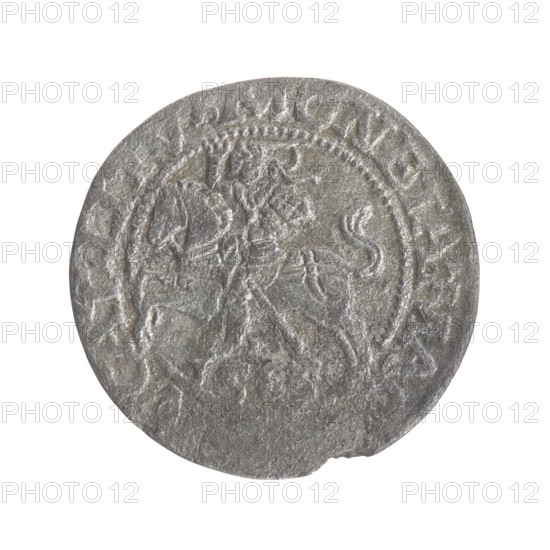 Lithuanian half-grosz, Sigismund II Augustus King of Poland; 1544–1572. Maker: Tarlo, Gabriel ca. 1486–1565, mint manager. Coats of arms: Jagiellons dynasty, Polish Eagle Obv., Lithuanian Pogon Rev.. Obverse: Polish Eagle; in rim between pearly borders inscription: .SIGIS.AVG....X.POLO.MDL. Reverse: Lithuanian Pogon; below the year 1565; in rim between pearly borders inscription: .MONETA.MAG...CAT.LITV. Date: 1565. Place: Grand Duchy of Lithuania, Vilnius. Coin; diameter 19.5–20.0 mm; weight 0.94 g., A circular metallic object with a worn, textured surface showing raised and recessed areas, mostly in shades of gray and silver with subtle darker gray patches; the object has an irregular edge with a small chip, and a central raised design that appears to depict a figure on a horse surrounded by a circular border and additional raised ornamentation.