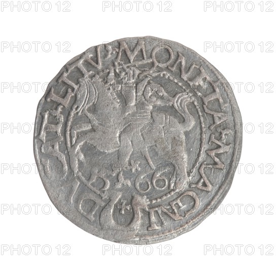 Lithuanian half-grosz, Sigismund II Augustus King of Poland; 1544–1572. Creator: Myszkowski, Stanislaw ?-1570 voivode. Coats of arms: Jagiellons, eagles, Pogon Lithuania, Eagle. Obverse: Polish Eagle; rim between pearl borders inscribed .SIGIS.AVG.DGREX.POLO.MDL. Reverse: Lithuanian Pogon; below the year 15 - 66; rim between pearl borders inscribed and divided by the Jastrzebiec coat of arms: .MONETA.MAG - DVCAT.LITV; date 1566. Grand Duchy of Lithuania; minted in Tykocin, Poland. Coin., A round metallic object with a weathered silver-gray surface showing a raised design of a mounted figure and decorative border; the object displays varying tones of gray with darker recessed areas and lighter highlights on worn edges, and a few textured marks and scratches across its surface.