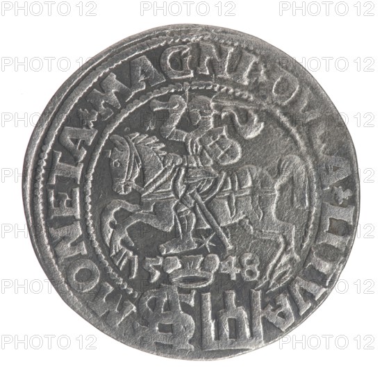 Lithuanian grosz on a Polish foot, Sigismund II Augustus King of Poland; 1544–1572. Polish coin, Jagiellon dynasty. Obverse: Crowned male bust in armor turned right, inscription in half-circle: SIGIS - AVG.REX; at bottom in two lines: . OLO.MAG/.DVX.L. Reverse: Lithuanian Pogon mounted knight turned left, under a crown dividing the date 15 - 48, a monogram of the letters SA and the Columns of Gediminas coat of arms, which divide the rim inscription: MONETA.MAGNI.DVCA.LITVA. Dated 1548. Minted in Vilnius Grand Duchy of Lithuania., A circular metallic coin with a worn, textured surface showing a raised central design of a horse and rider in profile, both rendered in relief with visible tack and armor details; the rider holds a long object and the horse's head and legs are distinct. Around the central scene is a raised decorative border and a ring of raised characters and symbols following the coin's edge. The coin's color is mainly silvery-gray with darker gray shadows in recessed areas ...