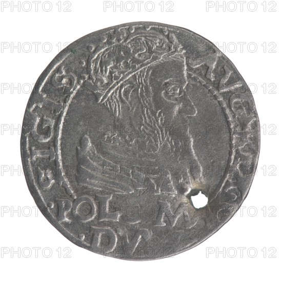 Lithuanian grosz on a Polish foot, Sigismund II Augustus King of Poland; 1544–1572 author, Myszkowski, Stanislaw ?-1570 co-creator, coats of arms, Jagiellonians dynasty, Polish coins, royal bust iconography, SA monogram, Pogon coat of arms; Lithuania, Sigismund II Augustus King of Poland; 1520–1572 - iconography, monograms, tied monograms, male busts. Obv.: Crowned male bust in armour turned right, separating an inscription in a half-circle at the top: SIGIS - AVG.REX; at the bottom horizontally in two lines: .POLO.MAG/.DV.L . Rv.: Lithuanian Chase turned left, below under the crown dividing the date 15 - 66 a tied monogram composed of the letters SA and the Jastrzebiec coat of arms, which divide the inscription in the rim: .ONETA.MAGNI.DVCA.LIT. Date: 1566. Place: Poland, Grand Duchy of Lithuania, Tykocin mint. Coin., A circular metallic object with a worn surface and a rough edge, showing a raised profile of a bearded person wearing a crown and a detailed collar; the metal appears da...