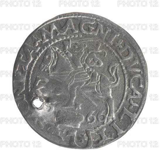 Lithuanian grosz on a Polish foot, Sigismund II Augustus King of Poland; 1544–1572 author, Myszkowski, Stanislaw ?-1570 co-creator; coats of arms; Jagiellonians dynasty; Polish coin; royal bust iconography; SA monogram; Pogon coat of arms; Lithuania; Sigismund II Augustus King of Poland; 1520–1572 – iconography; monograms; tied monograms; male busts. Obv.: Crowned male bust in armour turned right, separating an inscription in a half-circle at the top: SIGIS-AVG.REX.; at the bottom horizontally in two lines: .POLO.MAG/.DV.L. Rev.: Lithuanian Chase turned left; below, under the crown dividing the date 15-66, a tied monogram composed of the letters SA and the Jastrzebiec coat of arms, which divide the inscription in the rim: .ONETA.MAGNI.DVCA.LIT. 1566. Grand Duchy of Lithuania; Tykocin mint; coin., A round metallic coin with a worn surface showing a raised central design of a mounted figure on a horse and decorative border elements, with a few areas of wear and small dents including a no...