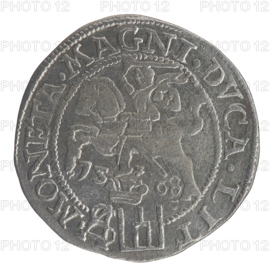 Lithuanian grosz on a Polish foot, Sigismund II Augustus King of Poland; 1544–1572 author; coats of arms; Jagiellons dynasty; Polish coins; royal bust iconography; SA monogram; Pogon coat of arms; Lithuania; tied monograms; Columns of Giedymin coat of arms of Lithuania; male busts; Sigismund II Augustus King of Poland; 1520–1572 — iconography; monograms. Obverse: Crowned male bust in armour turned right, separating an inscription in a half-circle at the top: SIGIS. - AVG. REX; at the bottom horizontally in two lines: POLO. MAG. / DVX. L. Reverse: Lithuanian Chase Pogon turned left; below, under the crown dividing the date 15 - 68, a tied monogram composed of the letters SA and the Columns coat of arms that divide the inscription in the rim: MONETA. MAGNI. DVCA. LIT.; 1568; Grand Duchy of Lithuania, Vilnius; coin., A round metallic object with a worn silvery-gray surface showing an embossed design; the central area features a raised depiction of a mounted figure on horseback facing righ...