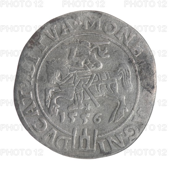 Lithuanian grosz on a Lithuanian foot, Sigismund II Augustus King of Poland; 1544–1572 author, coats of arms, Jagiellons dynasty, royal bust iconography, Polish coins, Sigismund II Augustus King of Poland; 1520–1572 - iconography, male busts, Pogon coat of arms; Lithuania, Columns of Gediminas coat of arms of Lithuania. Obv. Crowned male bust in armour with profile turned to the right, in the rim an inscription divided at the top by a crown cross: .SIGIS.AVG.REX.POL.MAG.DV. .IT. Rev. Lithuanian Pursuit facing left, below the date 1556 and the Column coat of arms dividing the inscription in the rim: MONE.. .AGNI - DVCAT9.LITVA, 1556. Poland, Grand Duchy of Lithuania, coin., A round metallic object with a worn, textured surface in shades of gray and silver, showing signs of darker tarnish in a few areas; the central area features a raised, embossed scene of a mounted figure on a horse with visible tack and a flowing element near the rider, all rendered in the same gray-silver material; a...